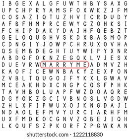 Marry me. Marriage proposal. Find the words in the word puzzle. Word game. Seamless pattern with letters. Vector illustration.