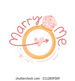 Marry me print with wedding ring with large stone. Hand written linear text, pierced heart. Jewelry with diamond. Valentine's Day card, sticker. Romantic vector illustration. 