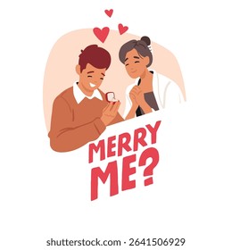 Marry me proposal cartoon bubble scene with happy emotional beloved couple vector illustration. Boyfriend asking girlfriend to be his wife giving golden engagement ring in opened festive box