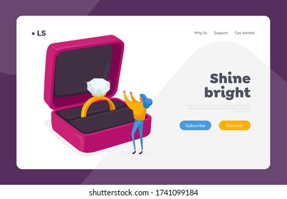 Marry Me, Proposal, Love Landing Page Template. Woman Stand at Huge Open Box with Engagement Ring. Tiny Female Character Looking on Beautiful Diamond Jewelry with Gemstone. Cartoon Vector Illustration