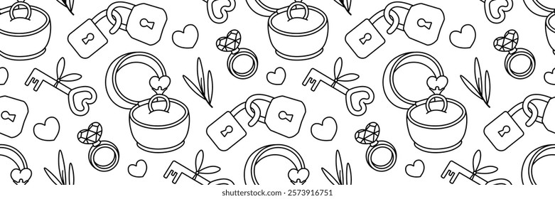 Marry me seamless doodle pattern. Engagement ring with diamond in box. Happy Valentines day background. Locks and key are symbols of love. Wedding day clipart. Vector outline illustration.