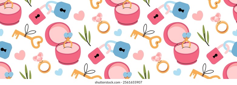 Marry me seamless pattern. Engagement ring with diamond in pink box. Happy Valentines day background. Locks and a key are symbols of love. Wedding day cute clipart. For wallpaper. Vector illustration.