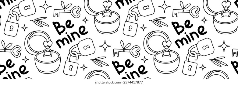 Marry me seamless pattern. Engagement ring with diamond in pink box. Happy Valentines day doodle background with hand lettering. Locks and key symbols of love. Wedding day. Vector outline illustration