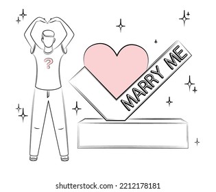 Marry me. Young man in love, folding his hands in form of a heart, proposes marriage. Design for print, postcard, poster, party invitation. Sketch, editable linear contour drawing in minimalist style