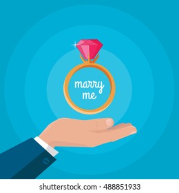 Marry my poster. Human hand holding beautiful wedding ring with red gemstone. Engagement ring with red gem. Ring icon in flat. Precious ring with red gem. Vector illustration.