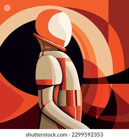 Mars Adventure, Abstract Hand-Drawn Poster with Astronaut in Art Deco Illustration