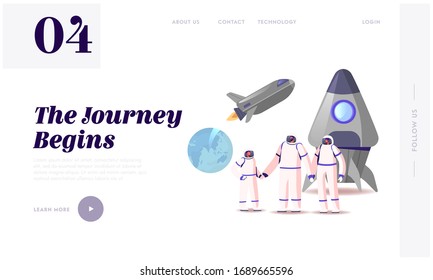 Mars or Alien Planet Colonization Landing Page Template. Astronauts Happy Family Characters Stand at Rocket. Father Mother and Child in Space Suits Holding Hands. Cartoon People Vector Illustration