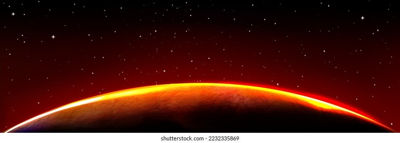 Mars alien planet edge in sunrise light on black sky with shining stars. Outer space background, planet globe with red glow, luminous atmosphere on horizon border, Realistic 3d vector illustration