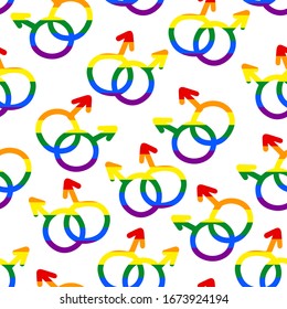 Mars ancient symbol styled as a gay couple emblem seamless pattern. Rainbow stripes on a male sign clipart arranged as repeat design for fabric or wrapping paper.