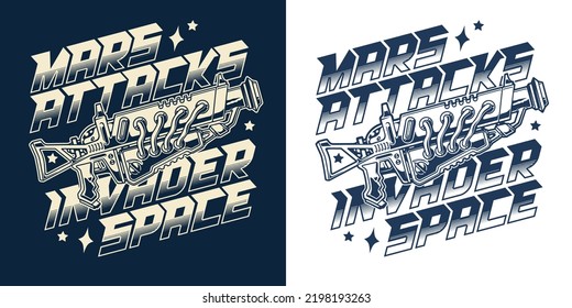 Mars attack vintage label monochrome blaster weapon firing plasma and red-hot lava for space army or soldiers galaxy vector illustration
