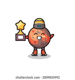 mars cartoon as an ice skating player hold winner trophy , cute style design for t shirt, sticker, logo element