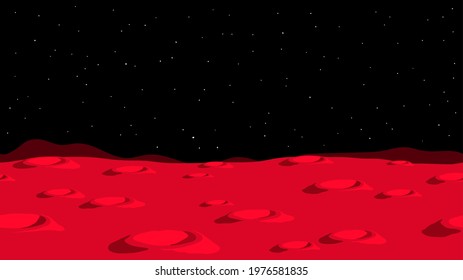 Mars cartoon landscape with craters. Alien planet seamless landscape. Vector illustration.