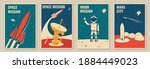 Mars city and space mission posters, banners, flyers. Vector Concept for shirt, print, stamp. Vintage typography design with space rocket, astronaut on the moon and city on mars silhouette.