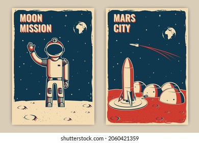 Mars City And Space Mission Posters, Banners, Flyers. Vector. Concept For Shirt, Print, Stamp, Overlay Or Template. Vintage Typography Design With Space Rocket And Mars City Silhouette.