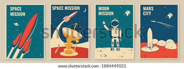 Mars\
city and space mission posters, banners, flyers. Vector Concept for\
shirt, print, stamp. Vintage typography design with space rocket,\
astronaut on the moon and city on mars\
silhouette.