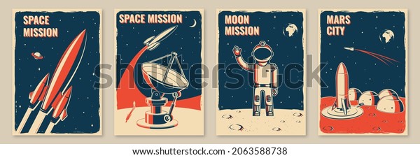 Mars\
city and space mission posters, banners, flyers. Vector Concept for\
shirt, print, stamp. Vintage typography design with space rocket,\
astronaut on the moon and city on mars\
silhouette.
