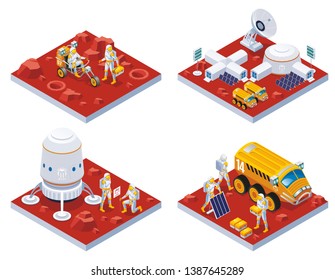 Mars colonization 2x2 illustration  isometric icons on isolated background