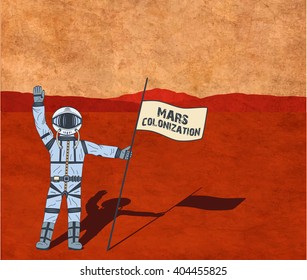 Mars colonization. Astronaut on the planet. Colour poster, vector illustration