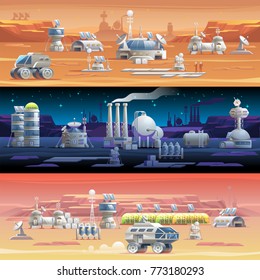 Mars colonization Astronomy Colonization of space Solar System exploration The first colonies Space planet austronaut station Vector illustration