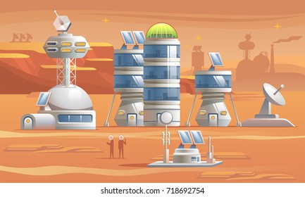 Mars Colonization. Communication Center with Residential Compartments and Base Infrastructure. Vector illustration