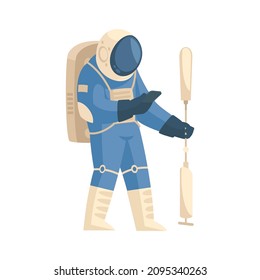 Mars colonization composition with character of walking astronaut in spacesuit holding stick vector illustration