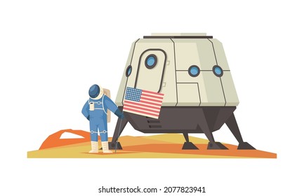 Mars colonization composition with extraterrestrial terrain and spaceship module with astronaut holding american flag vector illustration