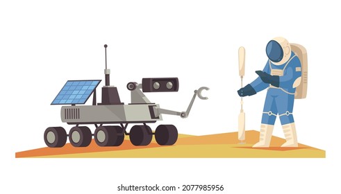 Mars colonization composition with extraterrestrial terrain and walking astronaut with moving rover vector illustration