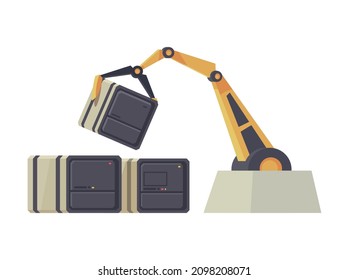 Mars colonization composition with image of robotic arm moving huge container boxes vector illustration