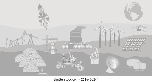 Mars colonization concept. Expedition colonization complex. Rockets, electrostation, residential infrastructure. Grayscale colors. Vector illustration