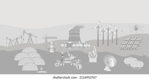 Mars colonization concept. Expedition colonization complex. Rockets, electrostation, residential infrastructure. Grayscale colors. Vector illustration