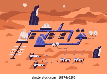 Mars colonization concept. Futuristic landscape of red planet surface with colony buildings and equipment for scientific research. Colored flat textured vector illustration