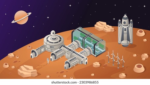 Mars colonization concept. Rocket next to base and greenhouse with plants on planet. Space station, scientific research. Biological terraforming. Cartoon isometric vector illustration