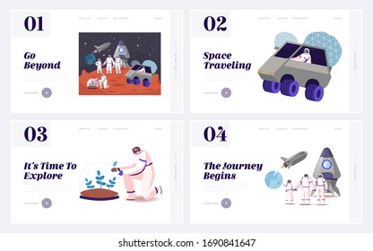 Mars Colonization and Cosmos Exploration Landing Page Template Set. Astronauts Family Characters in Space Suits near Rocket, Planting Green Sprout Under Glass Dome. Cartoon People Vector Illustration