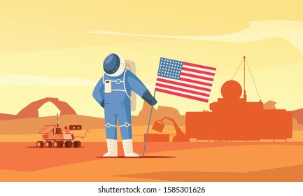 Mars colonization flat composition with prominent astronaut planting flag figure rover construction work on background vector illustration  