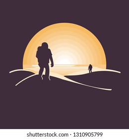 Mars colonization futuristic landscape with astronaut in desert.Negative space illustration