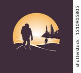 Mars colonization futuristic landscape with colony base and astronaut.Negative space illustration.