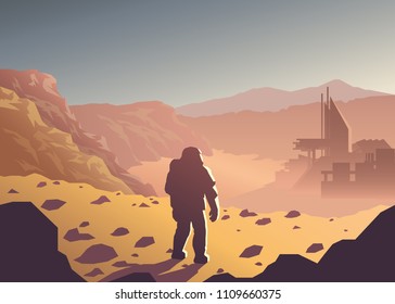 Mars colonization futuristic landscape with colony base and astronaut illustration