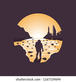 Mars colonization futuristic landscape with colony base and astronaut.Negative space illustration.