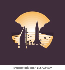 Mars Colonization Futuristic Landscape With Colony Base Astronaut And Rocket.Negative Space Illustration.