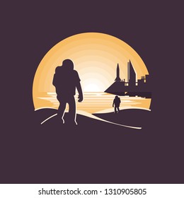 Mars colonization futuristic landscape with colony base and astronaut.Negative space illustration.