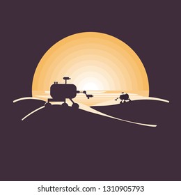 Mars colonization futuristic landscape with rover mars in desert.Negative space illustration