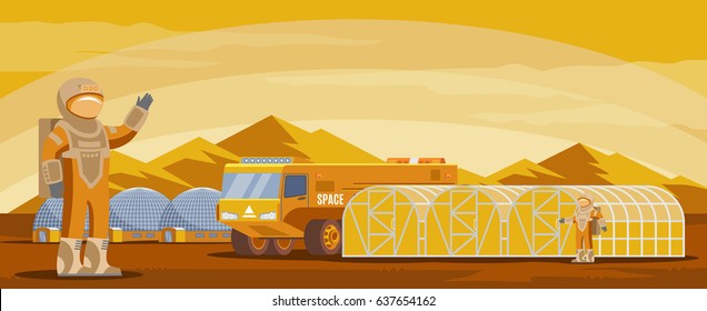 Mars Colonization Futuristic Template With Astronauts Cosmic Truck Research And Living Buildings On Mountain Landscape Vector Illustration