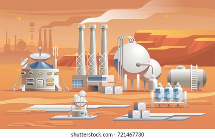 Mars Colonization. Human base in Mars. Terraforming of the atmosphere. Heavy Industry and factories. Vector illustration