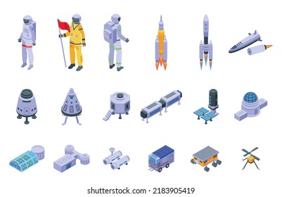 Mars Colonization Icons Set Isometric Vector. Astronaut Space. Cosmos Planet