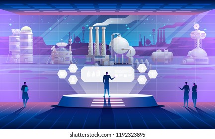 Mars colonization. Interior of the space base with view on mars settlement. Exploration red planet terraforming mission. Science concept. Vector illustration