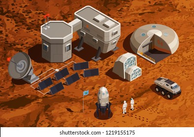 Mars colonization isometric background with equipment for scientific research and communications space ship and astronauts vector illustration