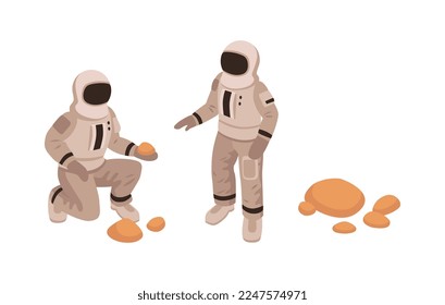 Mars colonization isometric concept with astronauts exploring planet 3d vector illustration