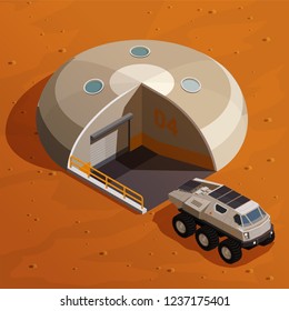 Mars colonization isometric design concept with rover explorer near colony base station on martian landscape background vector illustration