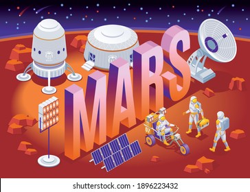 Mars colonization and isometric word Mars isometric icons on isolated background