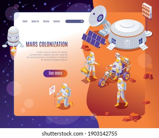 Mars colonization Landing Page isometric icons on isolated background